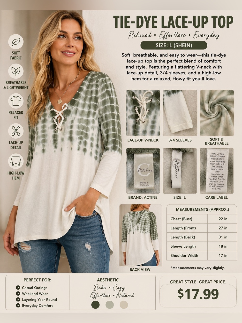 Active Basic Olive & White Lace-Up Tie-Dye Long Sleeve Tunic